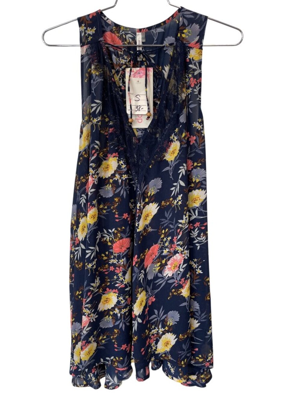 Mittoshop Tunic Small Floral Sleeveless Lace Tie Neck Navy Multicolor Boho NEW